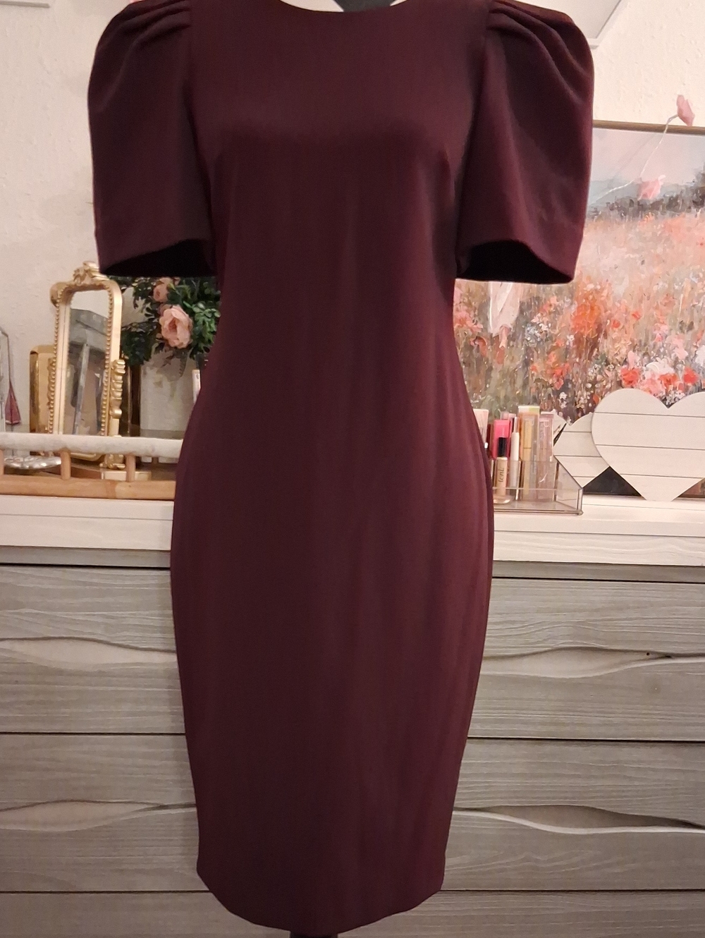 Calvin Klein Deep Burgundy Puff Sleeve Midi Dress